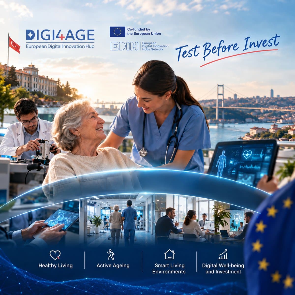 DIGI4AGE overview image: Test Before Invest; healthy living, active ageing, smart living environments, digital well-being and investment